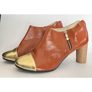 Cri de Coeur •11• Ankle Boots Heels Round Orange Gold Cap Toe Zip Wood Stacked